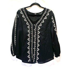 GAP Black Peasant Boho Shirt EMBROIDERED Long Sleeve V Neck Women's Size Small